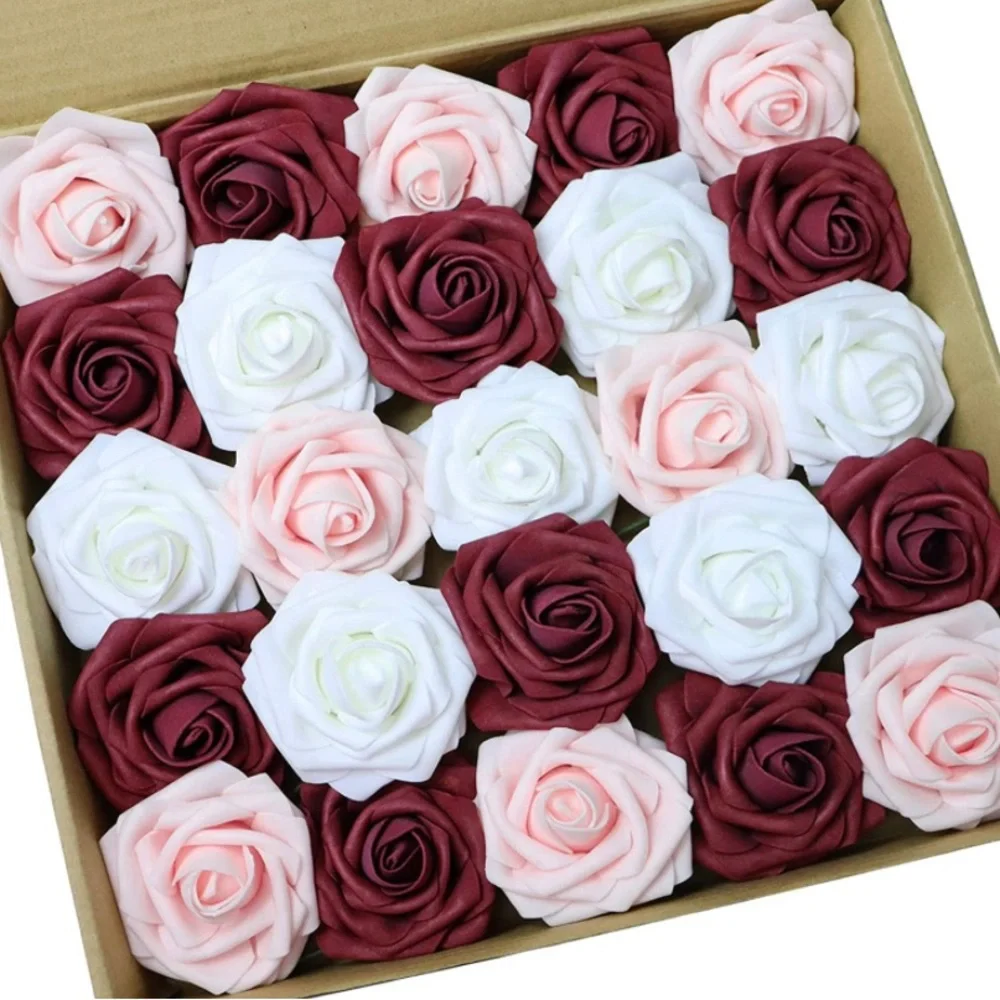 25 Count | Burgundy White Blush Roses Wedding Bouquet Flowers Centerpiece Decor